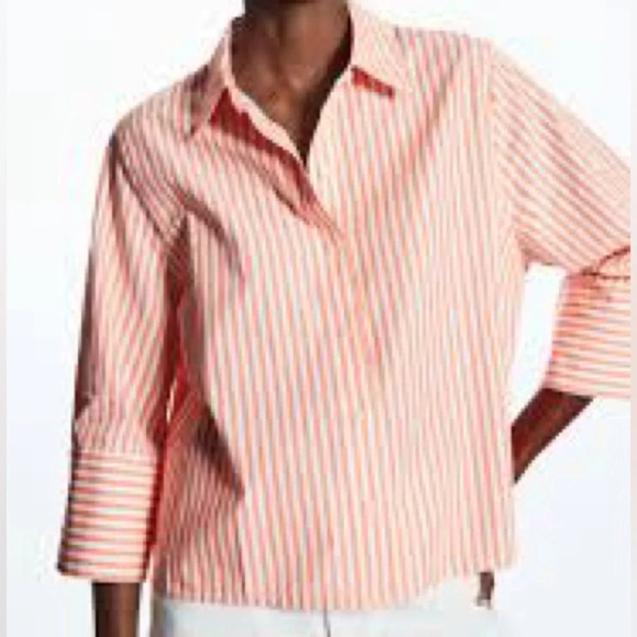 COS Wide Sleeve Striped Cropped Button Front Blouse in Coral & White - Size 14 - Picture 1 of 11